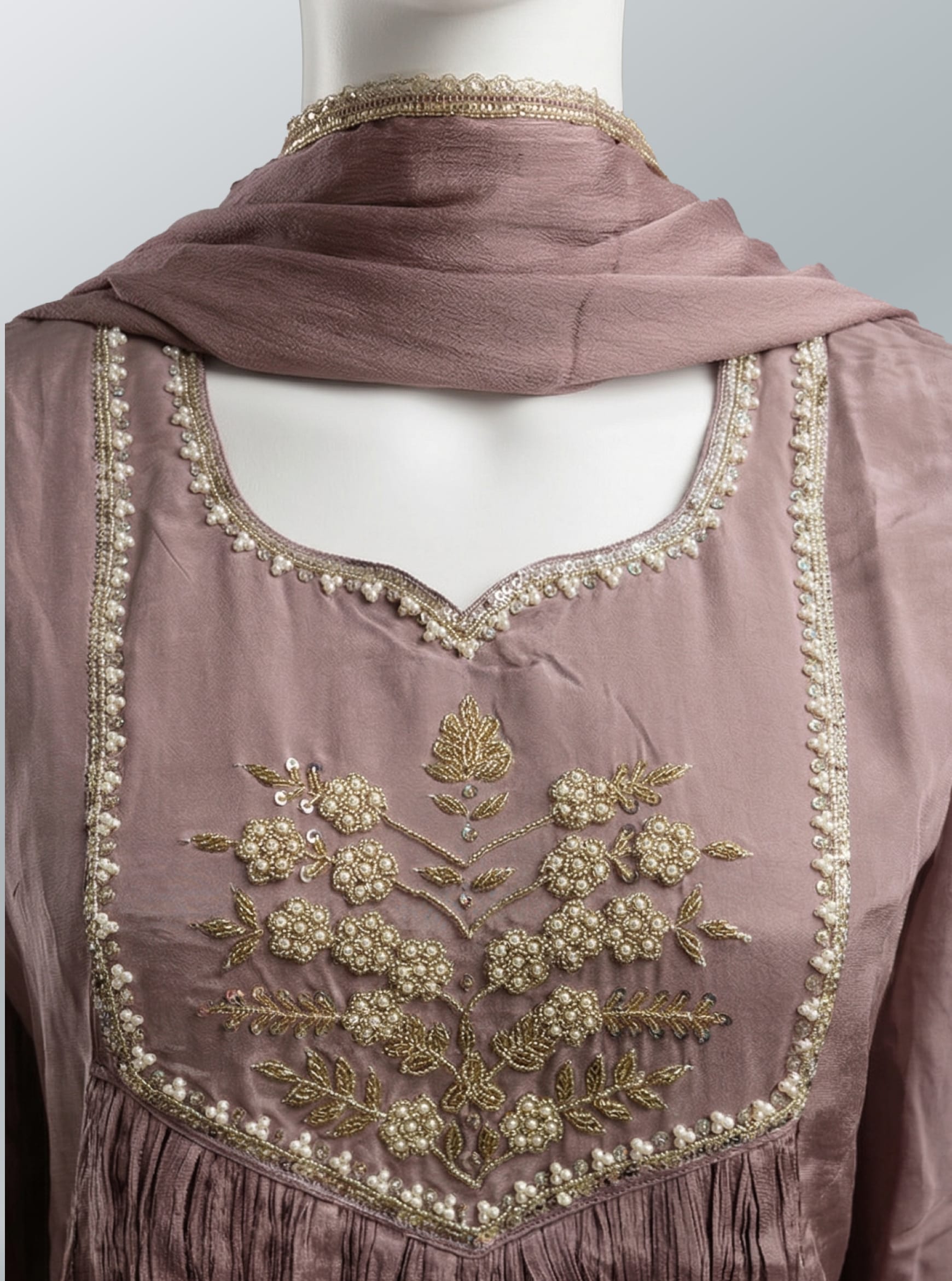 Elegant Chocolate Brown Lakhnavi Anarkali Set