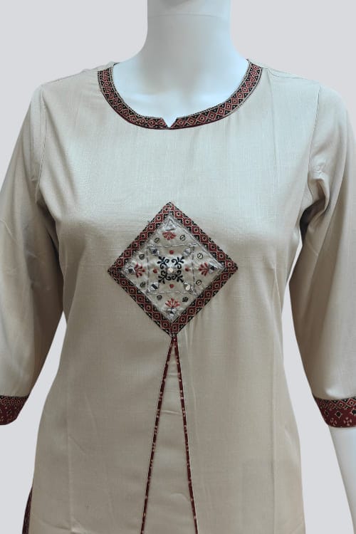 Classic Beige Hand-Embroidered Cotton Kurti Palazzo
