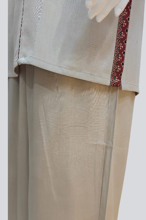 Classic Beige Hand-Embroidered Cotton Kurti Palazzo