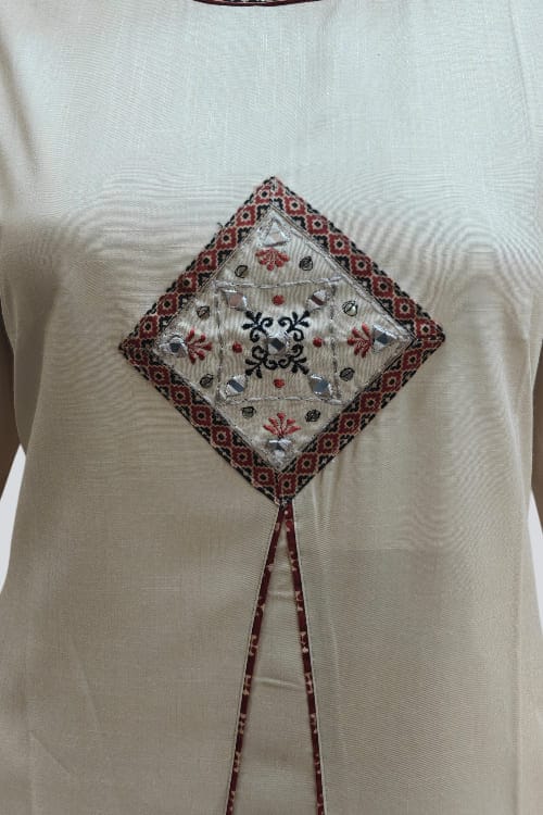 Classic Beige Hand-Embroidered Cotton Kurti Palazzo