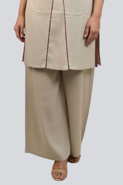 Classic Beige Hand-Embroidered Cotton Kurti Palazzo