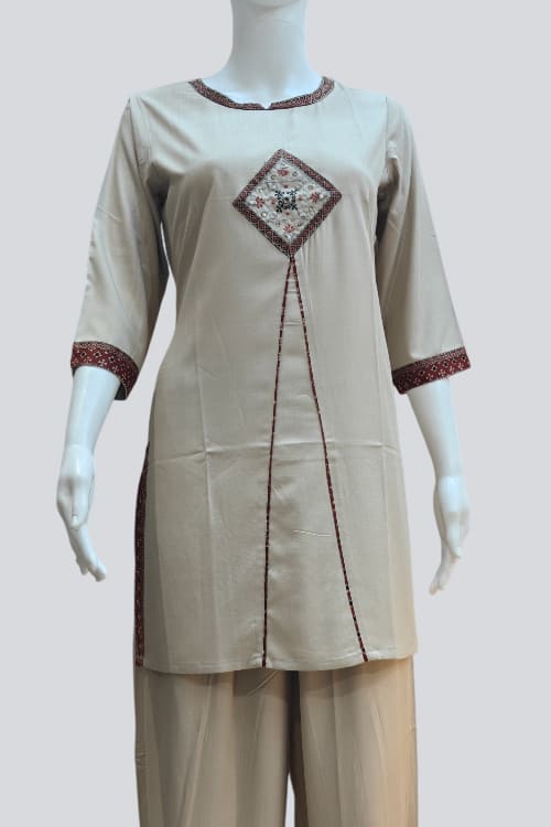 Classic Beige Hand-Embroidered Cotton Kurti Palazzo