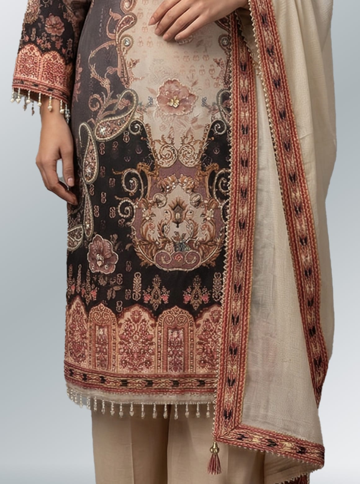 Classic Beige Embroidered Kurti with Palazzo Set