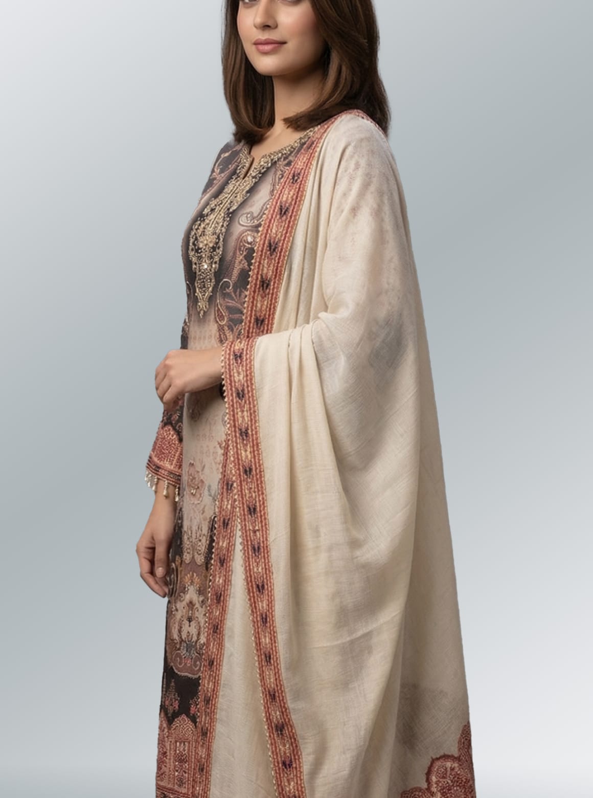 Classic Beige Embroidered Kurti with Palazzo Set