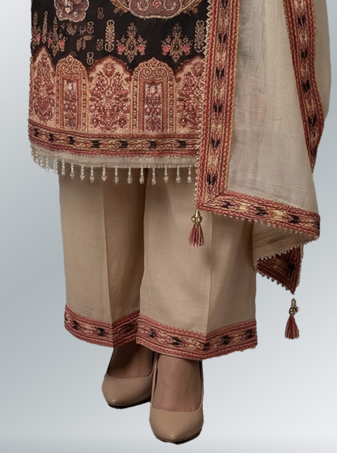 Classic Beige Embroidered Kurti with Palazzo Set