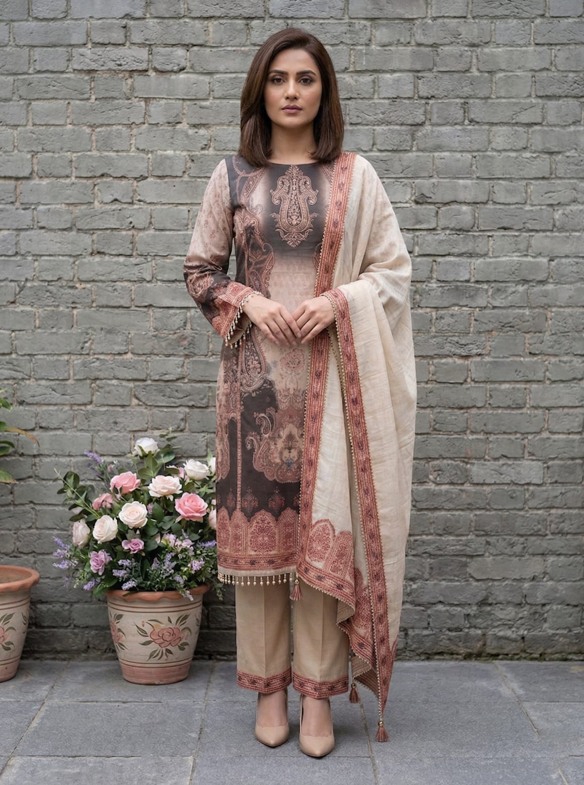 Classic Beige Embroidered Kurti with Palazzo Set
