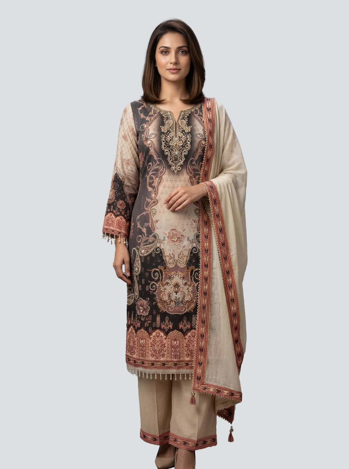 Classic Beige Embroidered Kurti with Palazzo Set