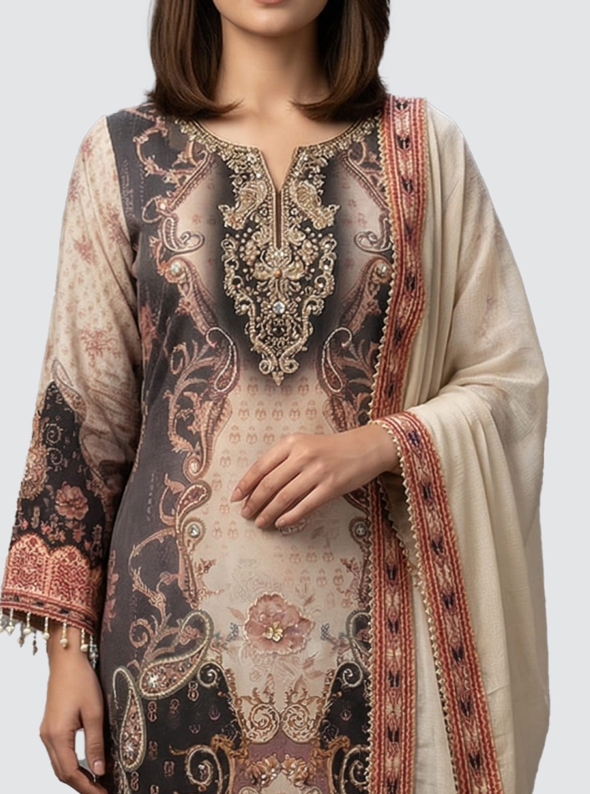 Classic Beige Embroidered Kurti with Palazzo Set