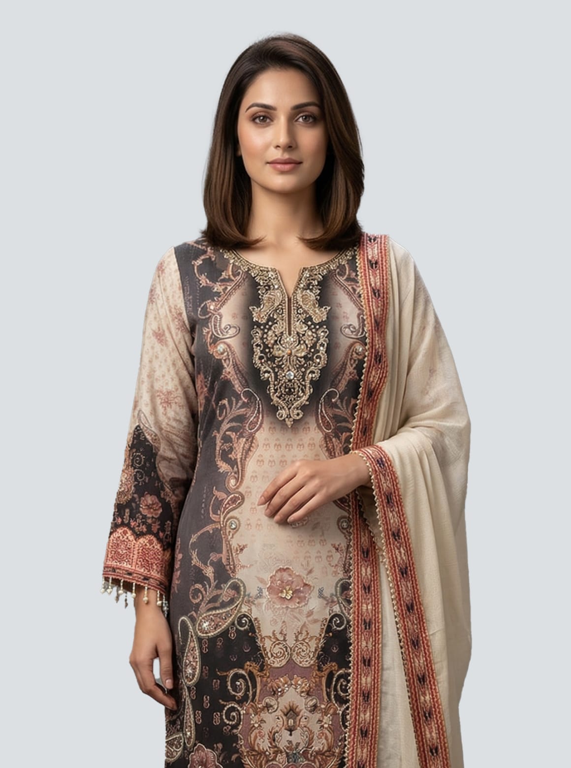Classic Beige Embroidered Kurti with Palazzo Set