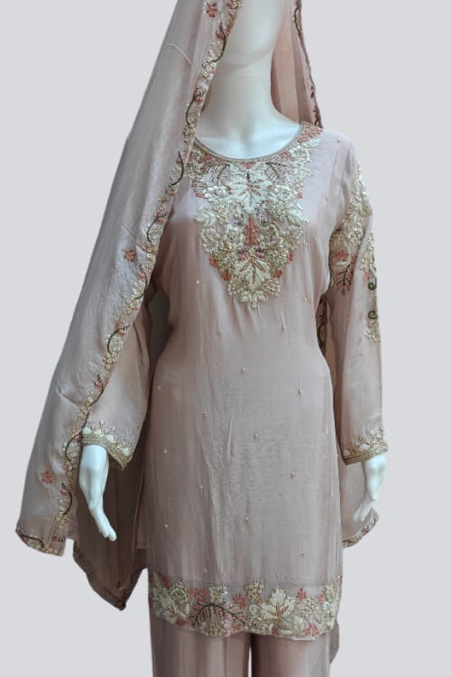 Classic Beige Embroidered Kurti with Palazzo Set