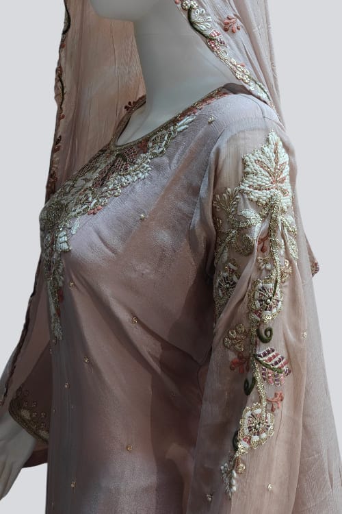 Classic Beige Embroidered Kurti with Palazzo Set