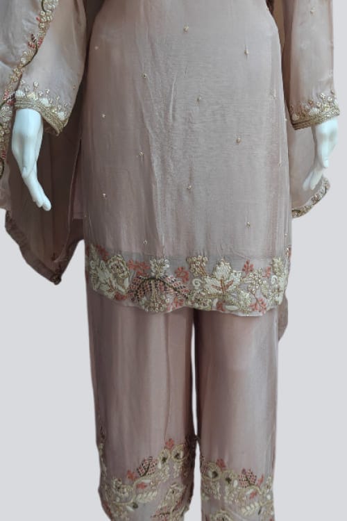 Classic Beige Embroidered Kurti with Palazzo Set