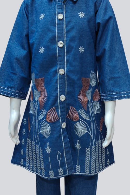 Stylish Denim Embroidered Cord Set