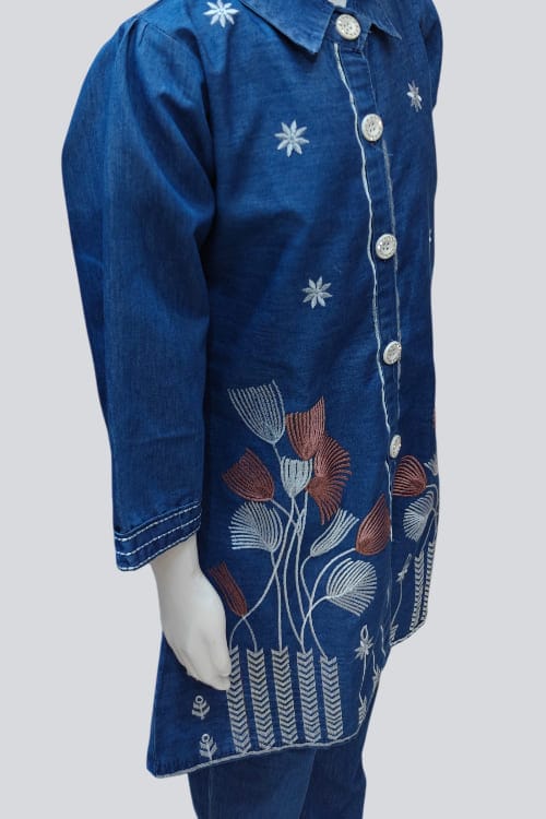 Stylish Denim Embroidered Cord Set