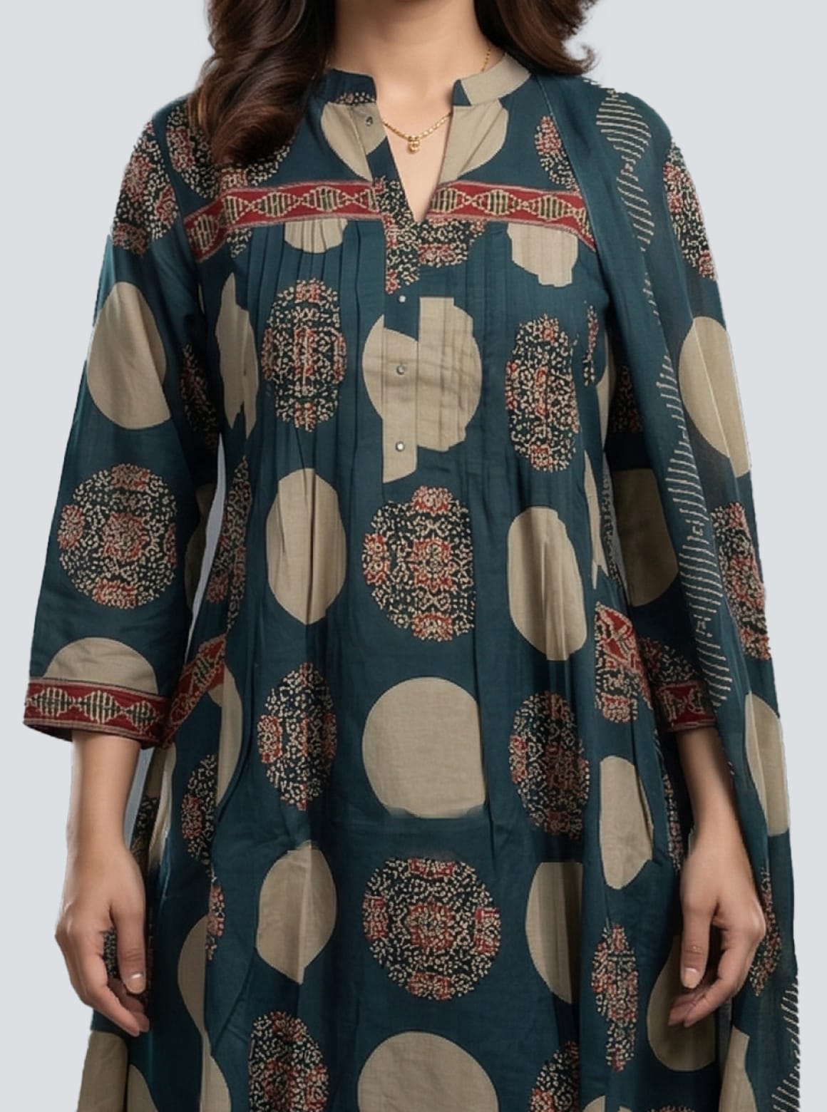 Teal Polka & Mandala Print Kurta Set