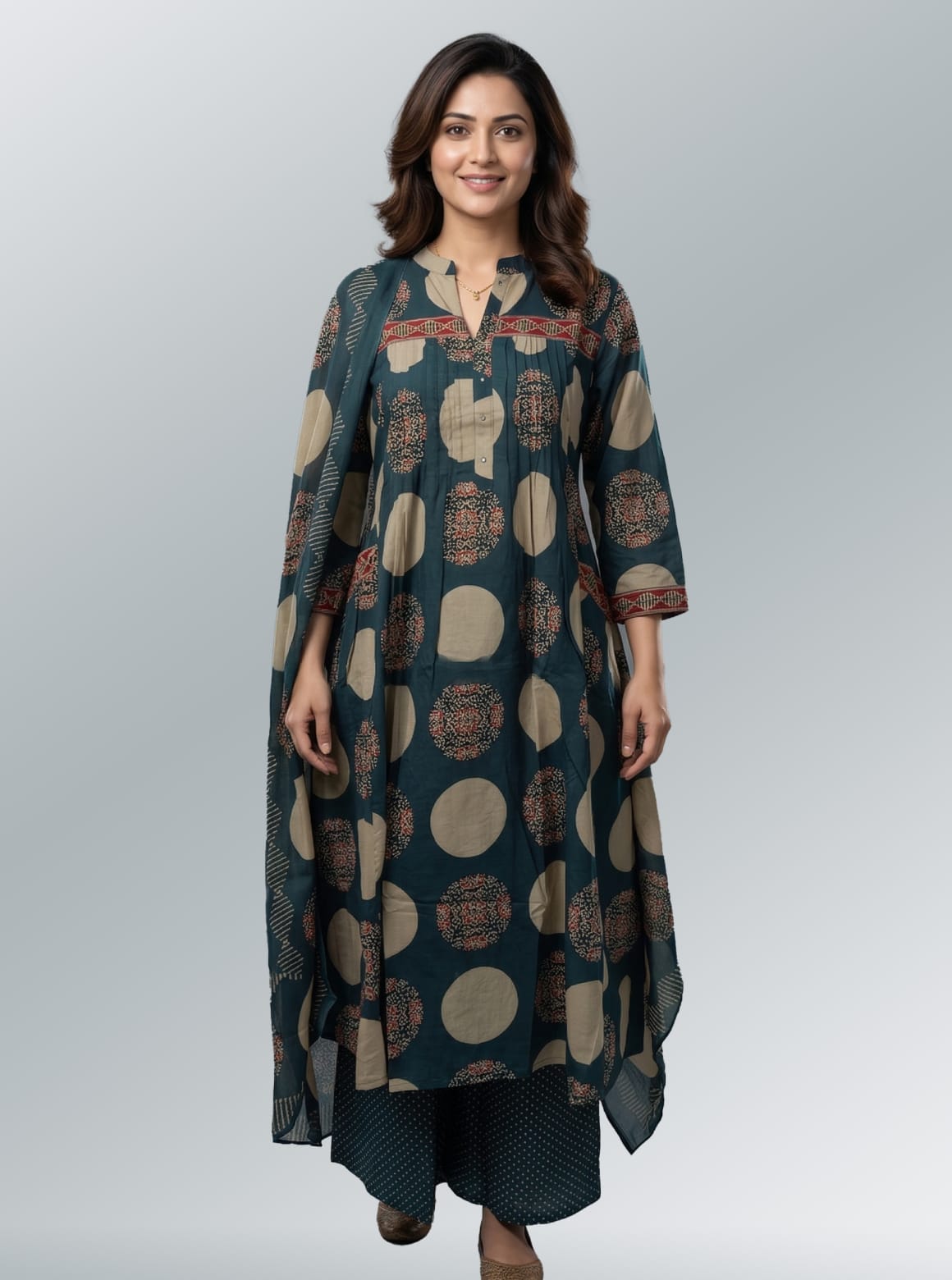 Teal Polka & Mandala Print Kurta Set