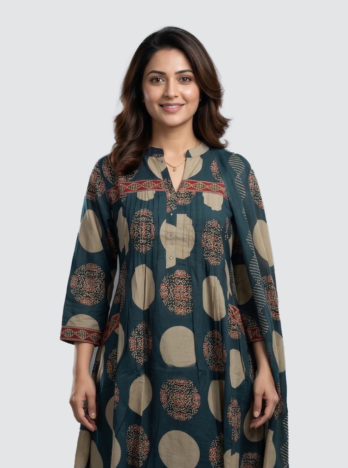Teal Polka & Mandala Print Kurta Set