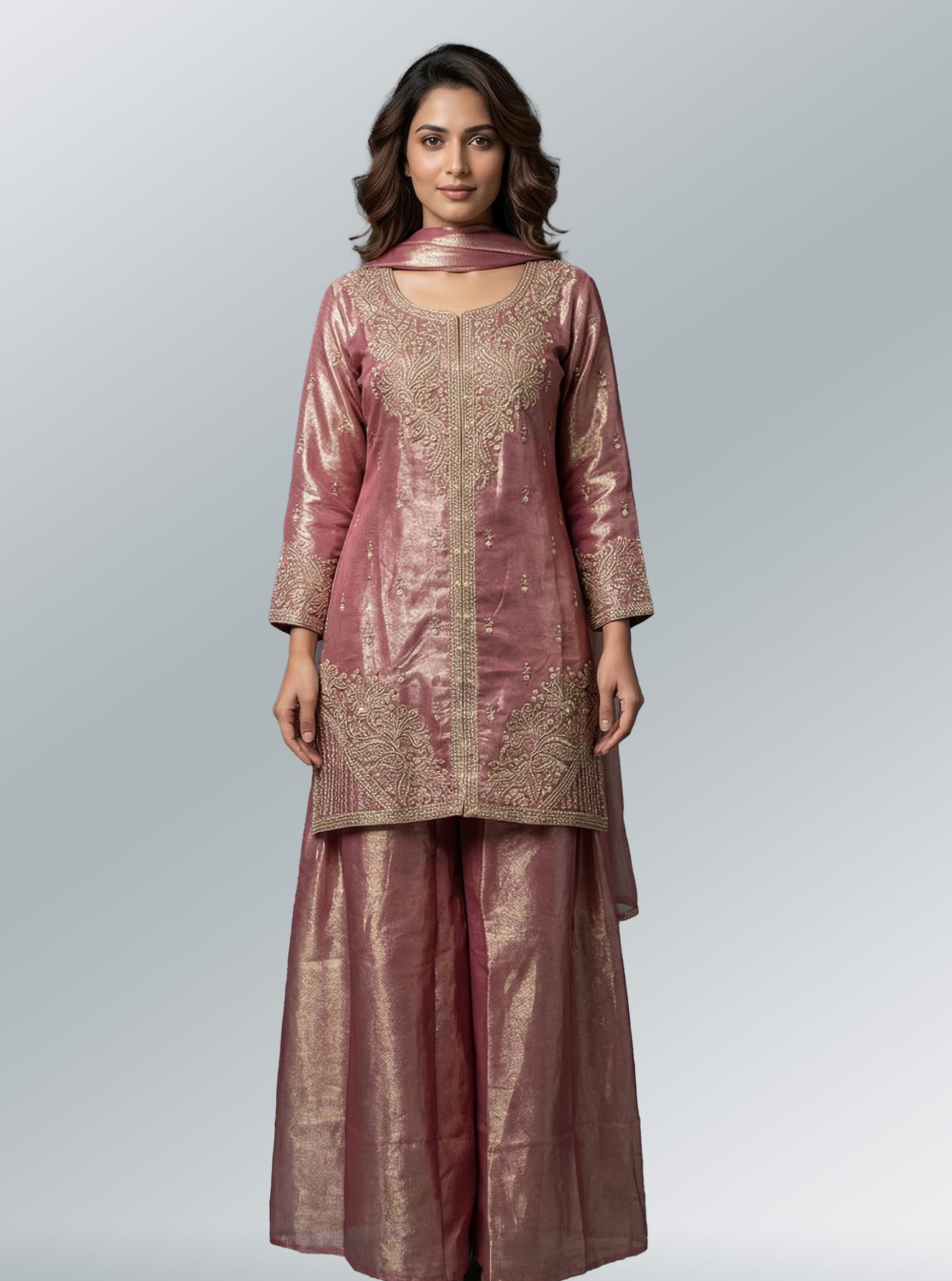 Elegant Rose Gold Embroidered Sharara Set with Dupatta
