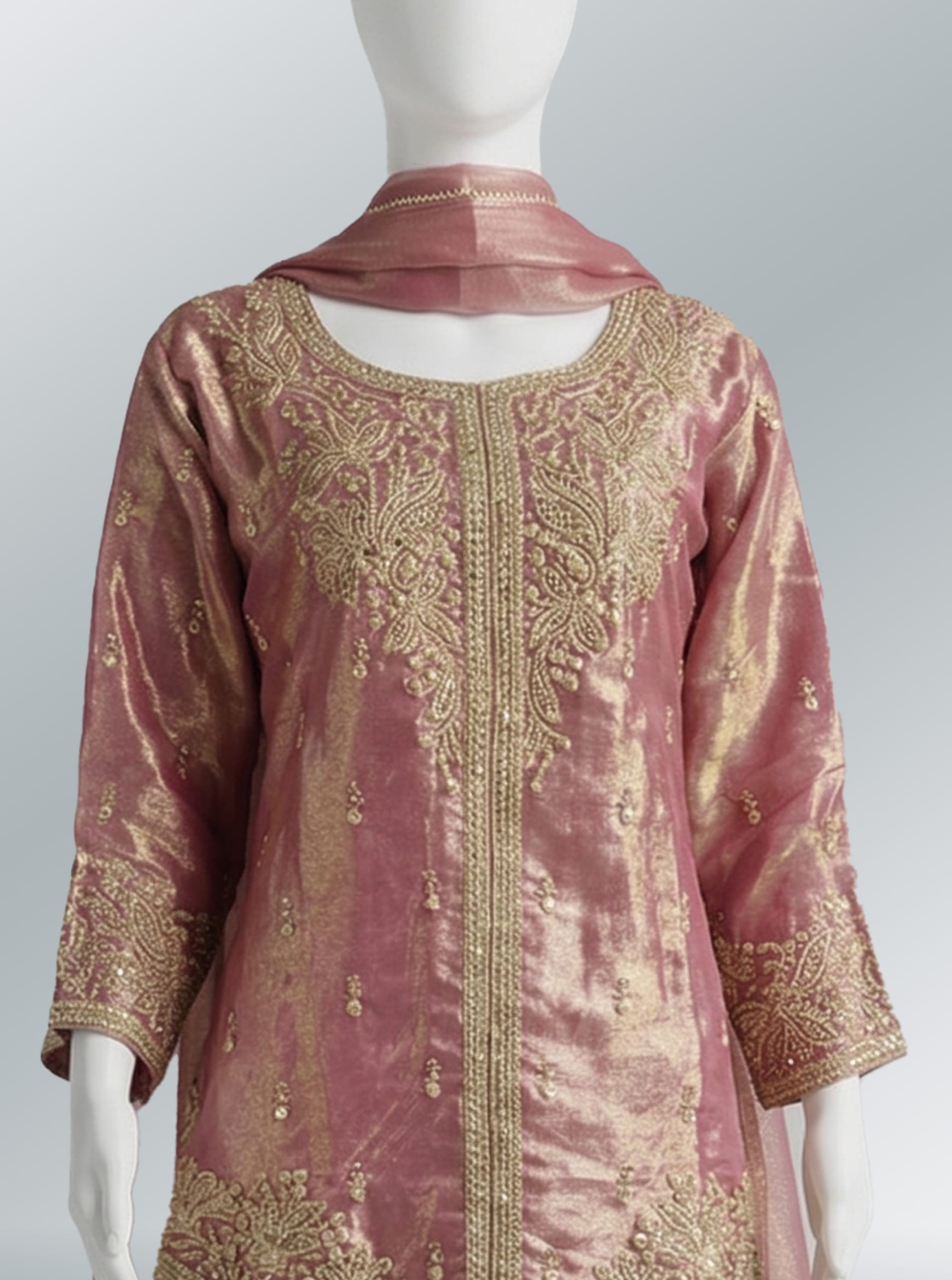 Elegant Rose Gold Embroidered Sharara Set with Dupatta