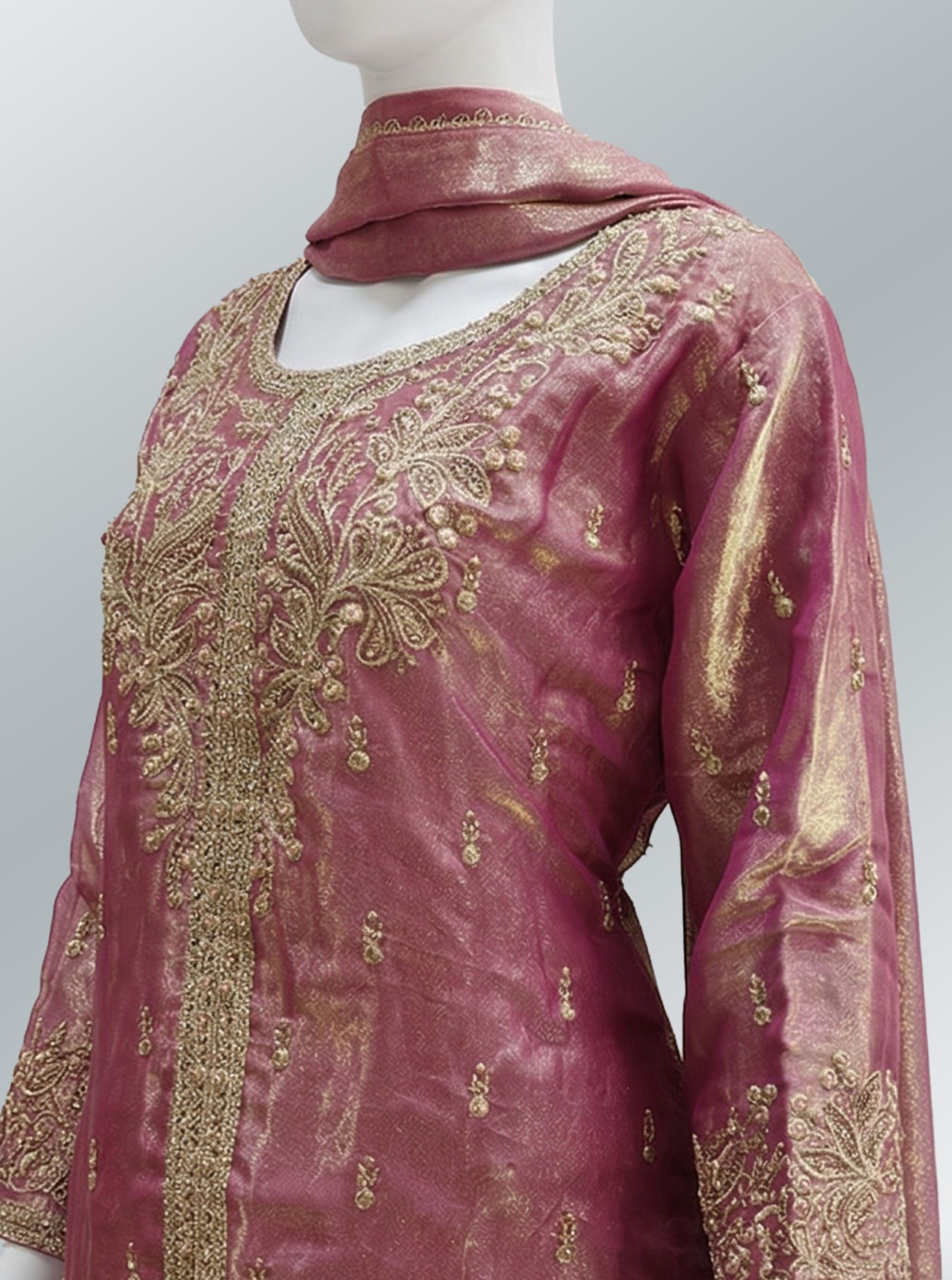 Elegant Rose Gold Embroidered Sharara Set with Dupatta