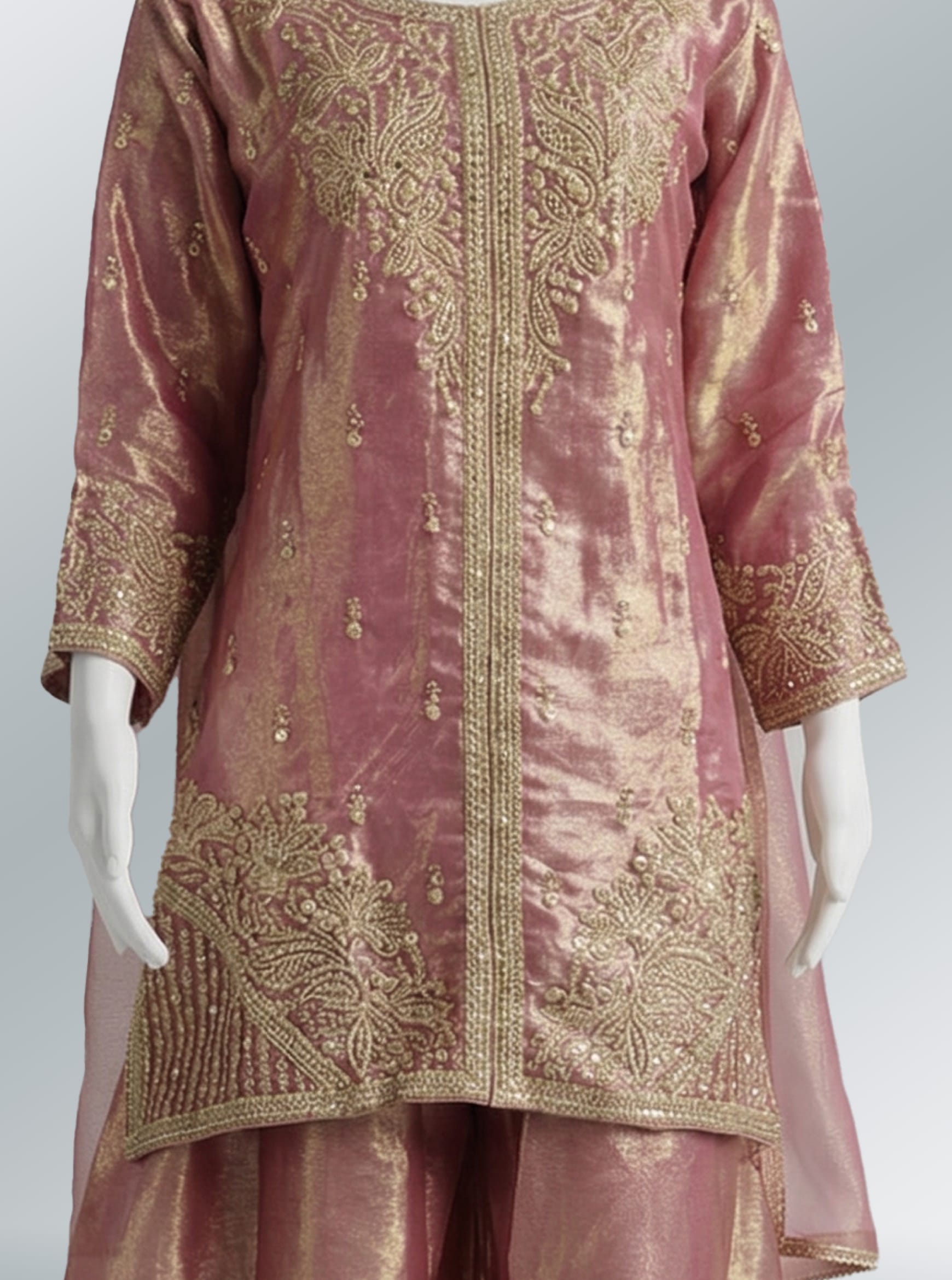 Elegant Rose Gold Embroidered Sharara Set with Dupatta