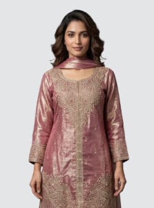 Elegant Rose Gold Embroidered Sharara Set with Dupatta