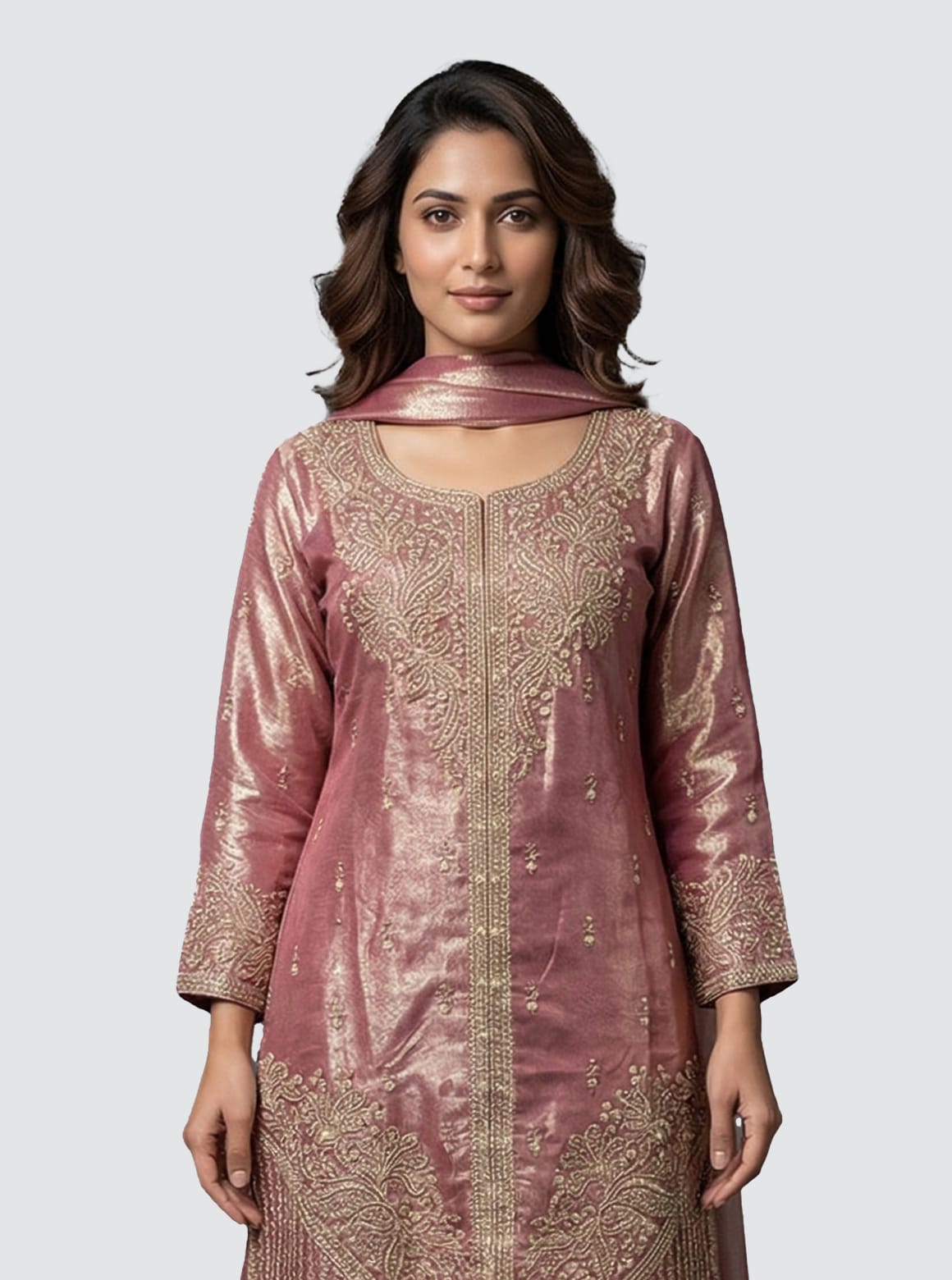 Elegant Rose Gold Embroidered Sharara Set with Dupatta