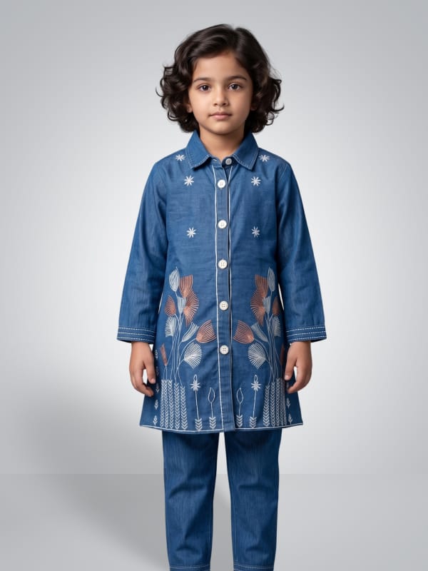 Indigo Floral Denim Tunic Set