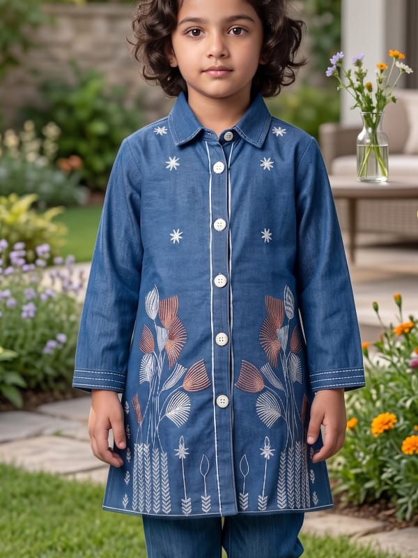 Indigo Floral Denim Tunic Set