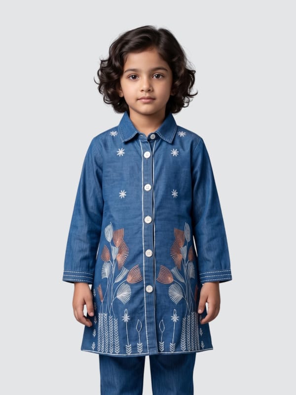 Indigo Floral Denim Tunic Set