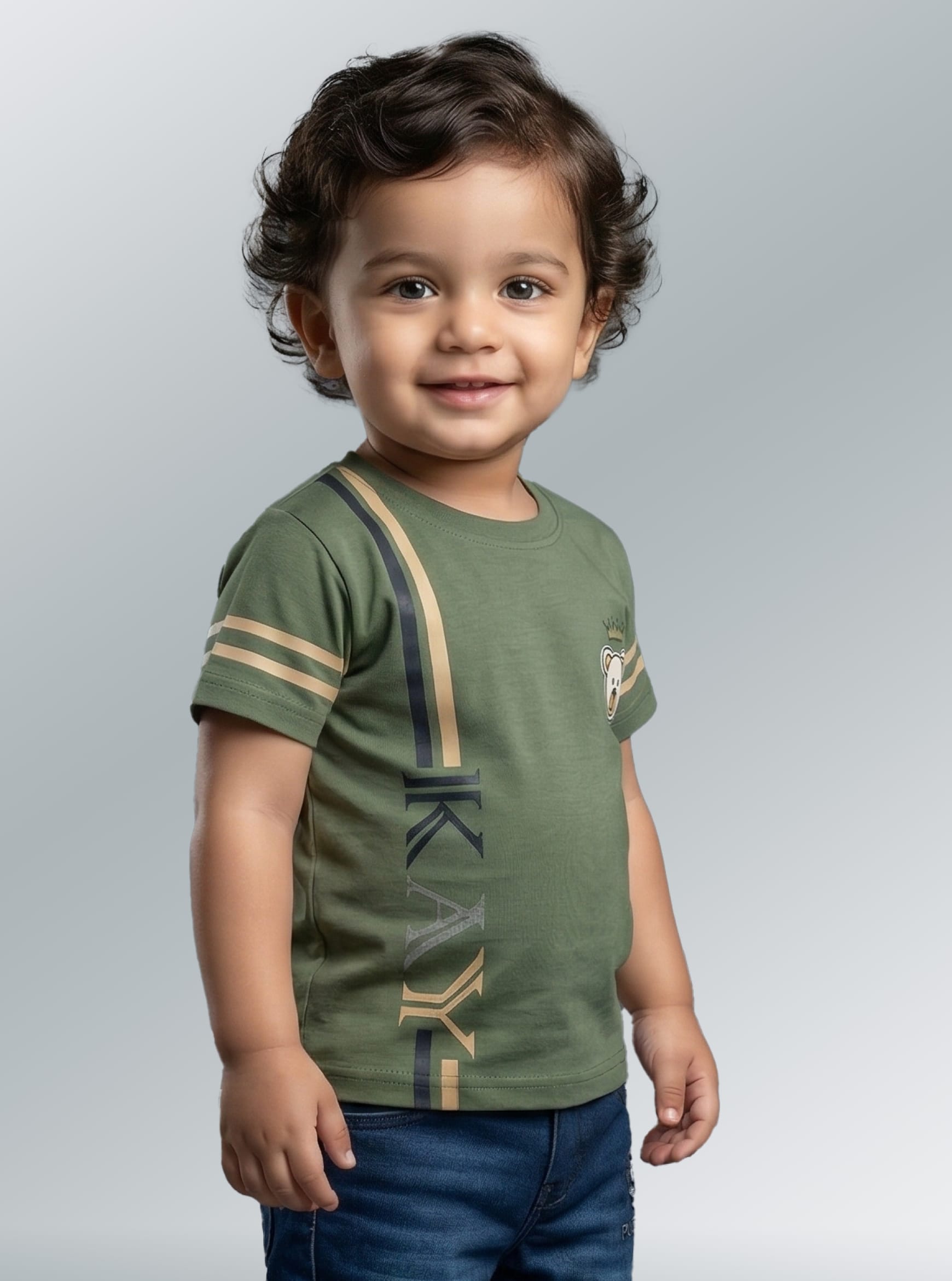 Olive Bear-Patch Striped Tee & Denim Set