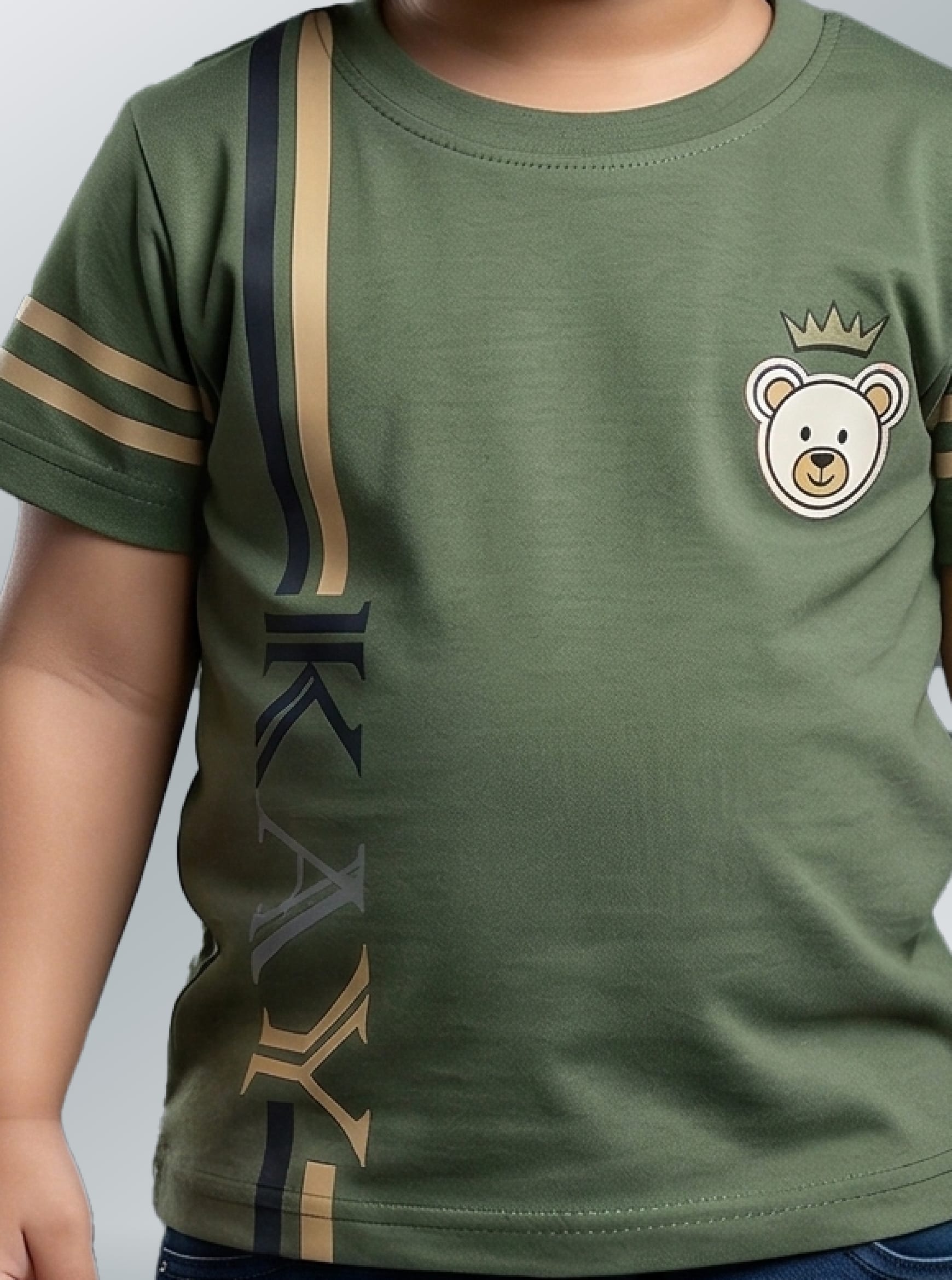 Olive Bear-Patch Striped Tee & Denim Set