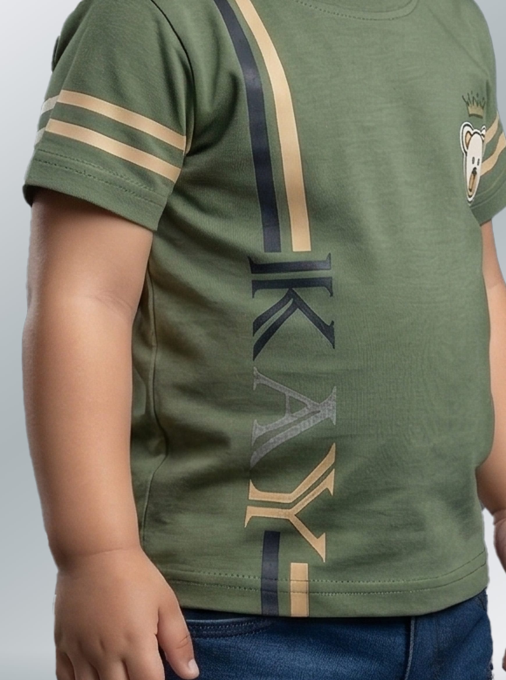 Olive Bear-Patch Striped Tee & Denim Set