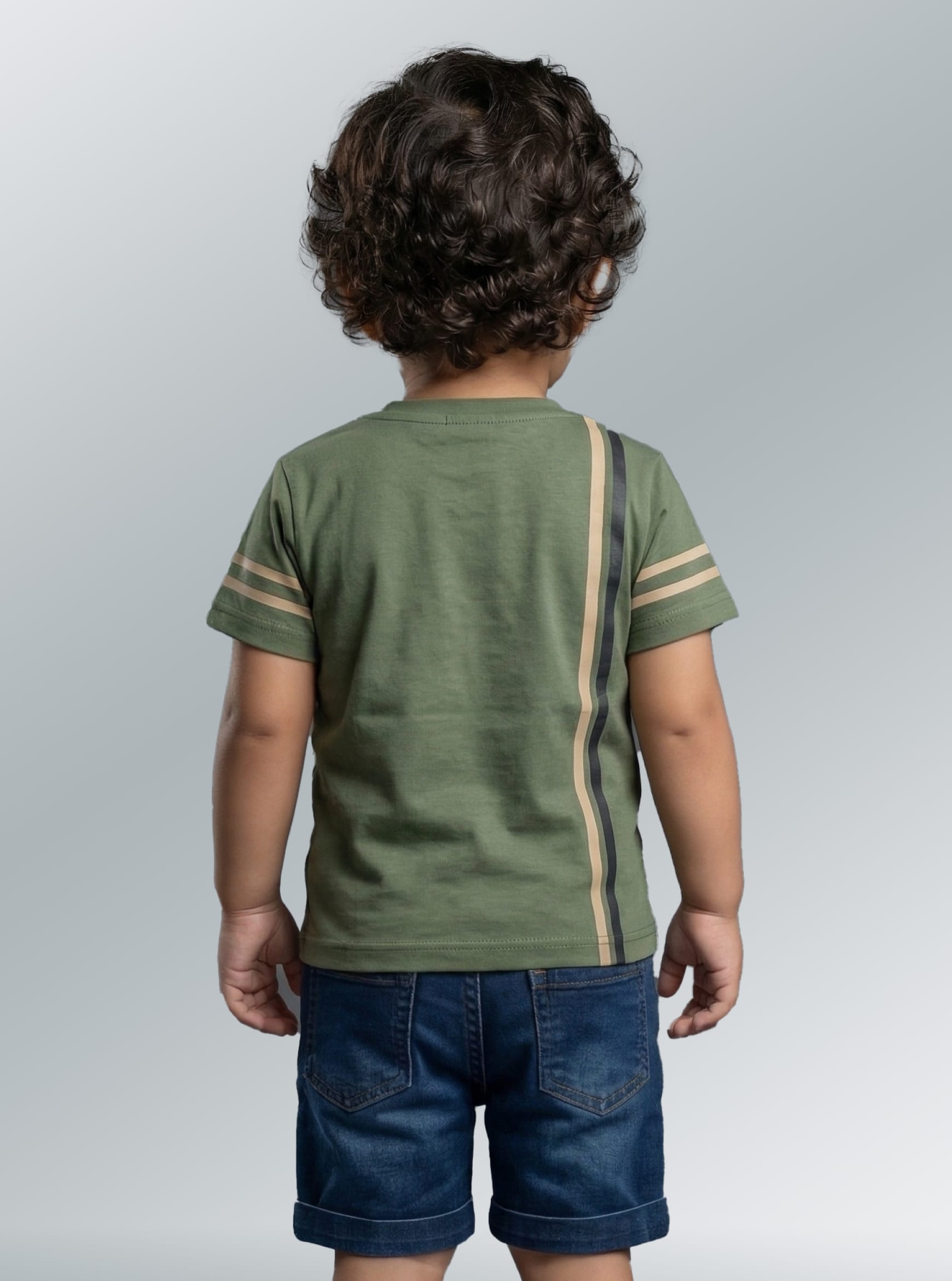 Olive Bear-Patch Striped Tee & Denim Set