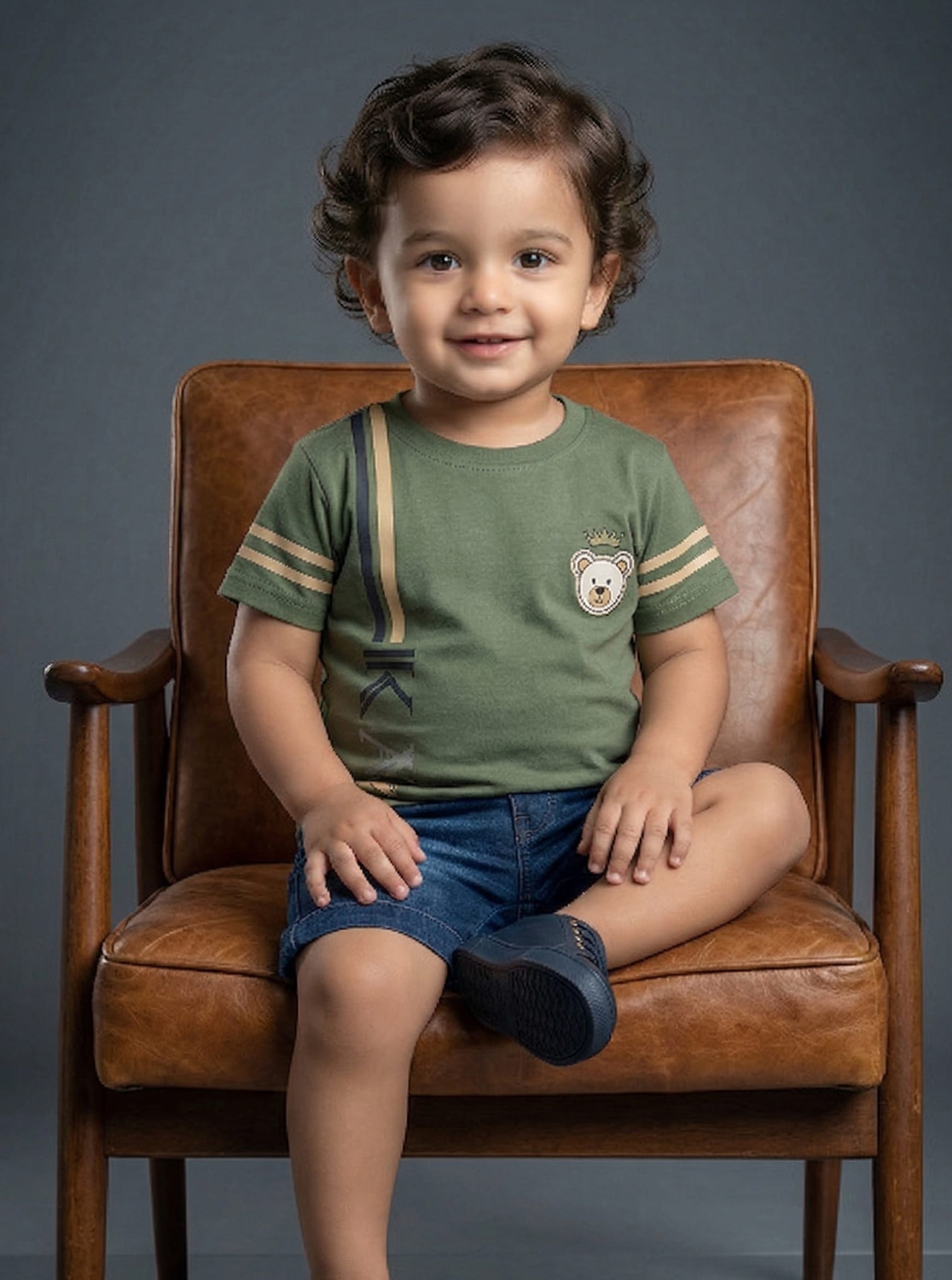 Olive Bear-Patch Striped Tee & Denim Set