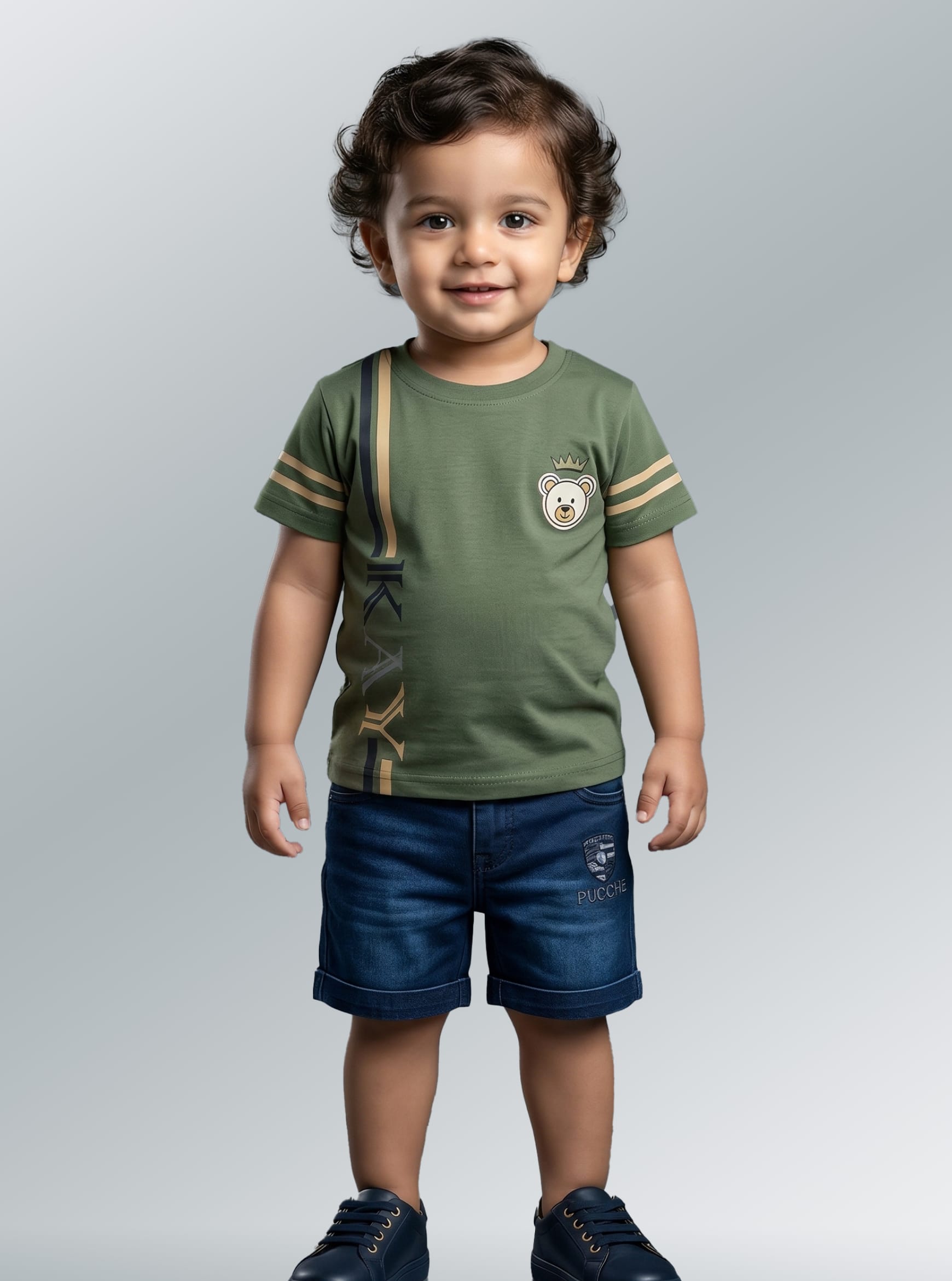 Olive Bear-Patch Striped Tee & Denim Set