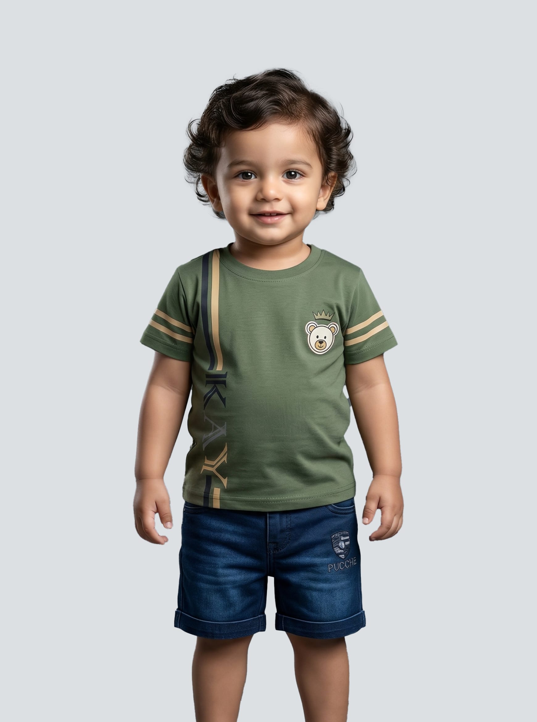 Olive Bear-Patch Striped Tee & Denim Set