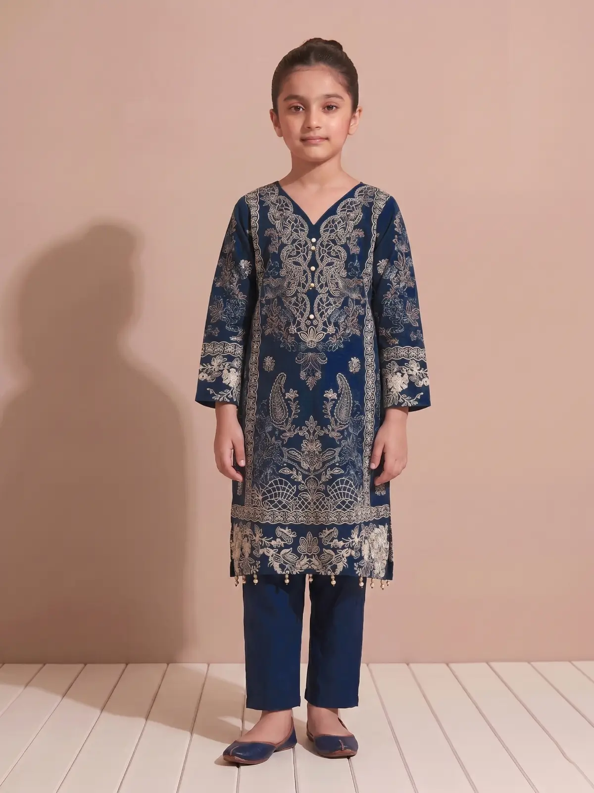 Deep Blue Pakistani Style Embroidered Kurta with Matching Salwar Set