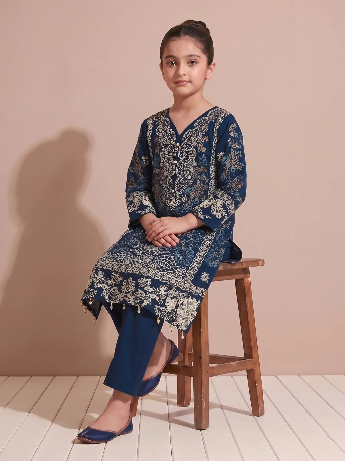 Deep Blue Pakistani Style Embroidered Kurta with Matching Salwar Set