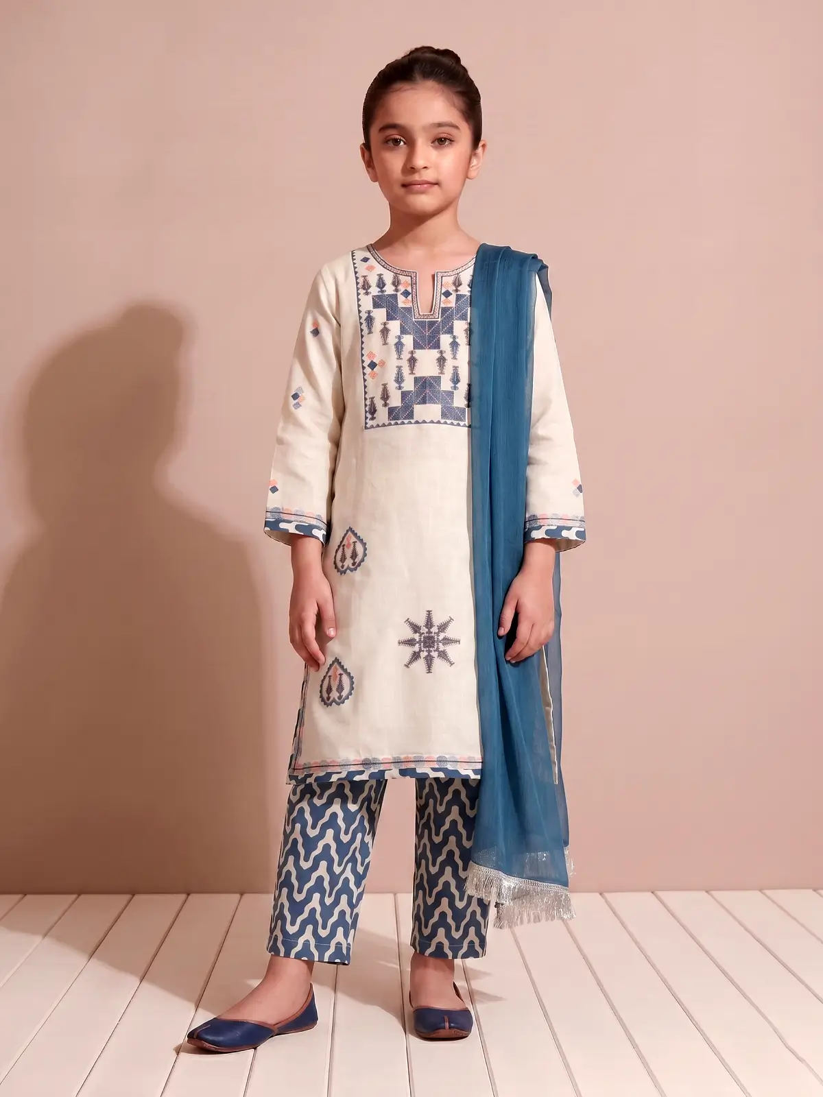 Girls Maria B Style Off-White and Blue Geometric Embroidered Salwar Kameez Suit