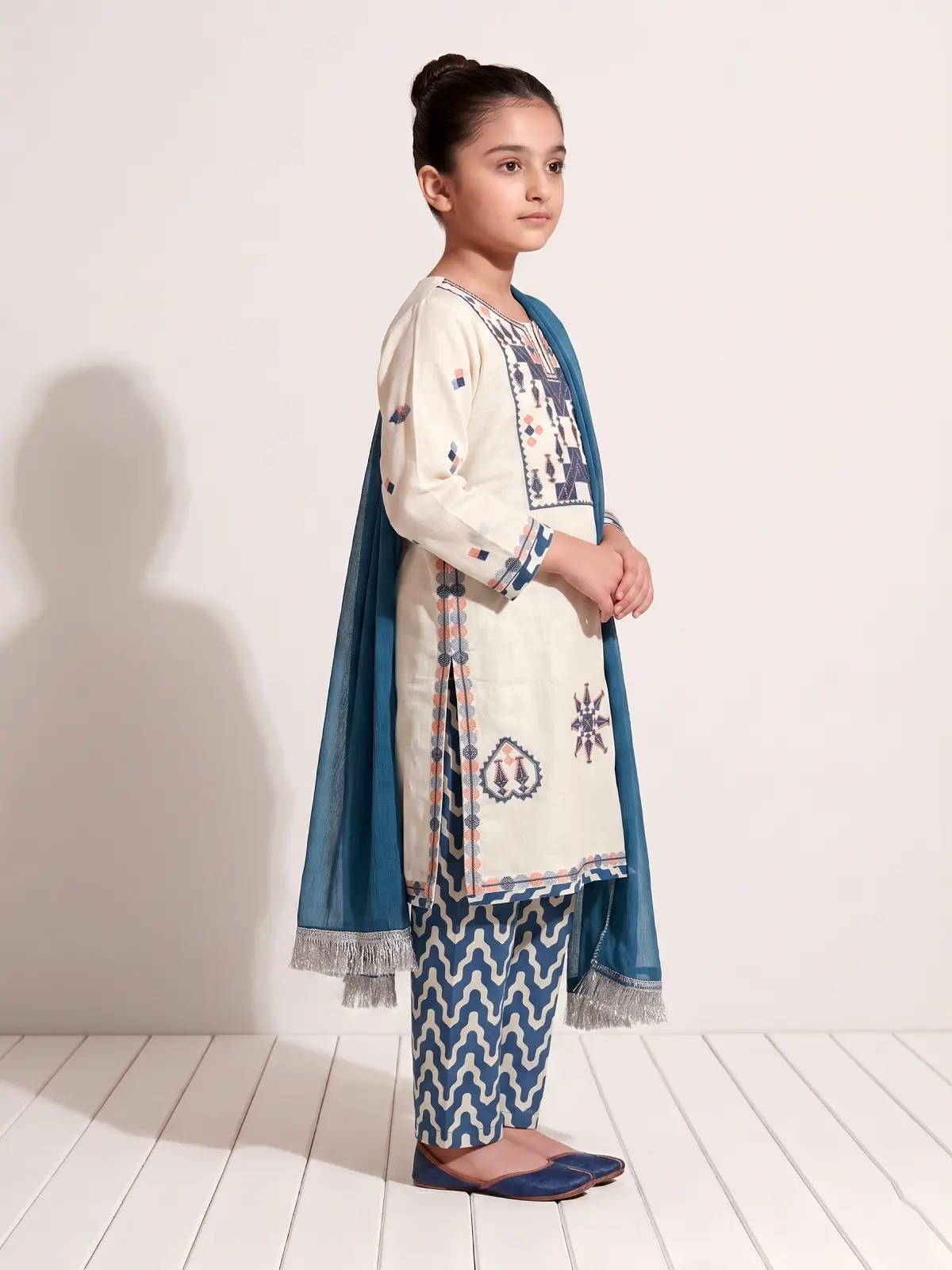 Girls Maria B Style Off-White and Blue Geometric Embroidered Salwar Kameez Suit