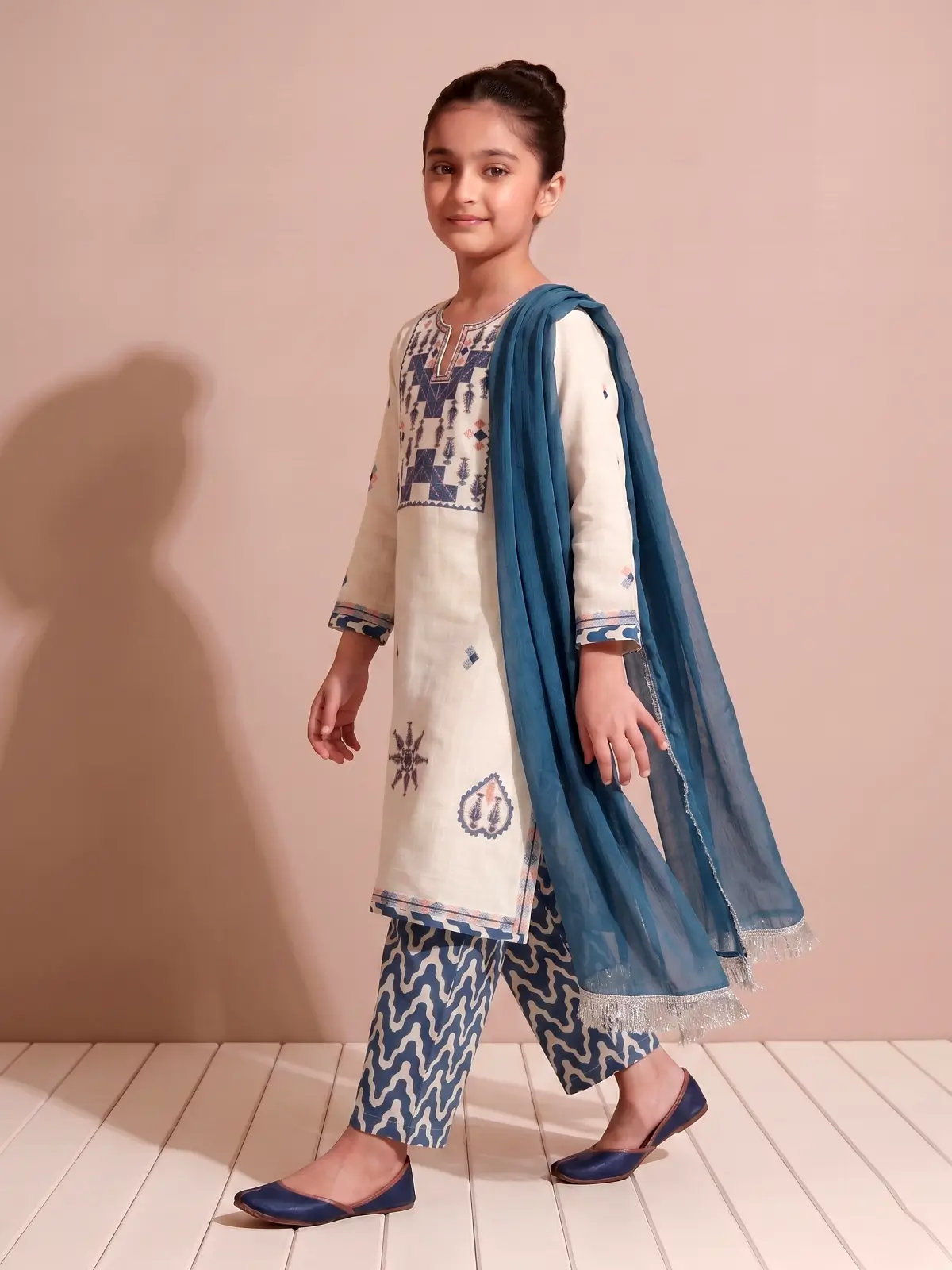 Girls Maria B Style Off-White and Blue Geometric Embroidered Salwar Kameez Suit