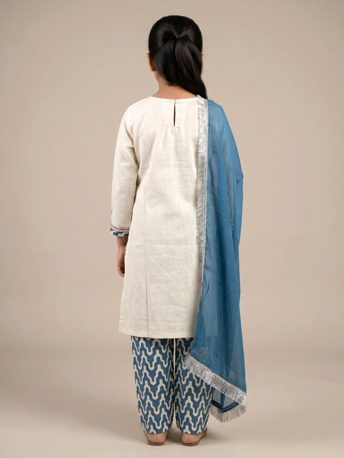 Girls Maria B Style Off-White and Blue Geometric Embroidered Salwar Kameez Suit