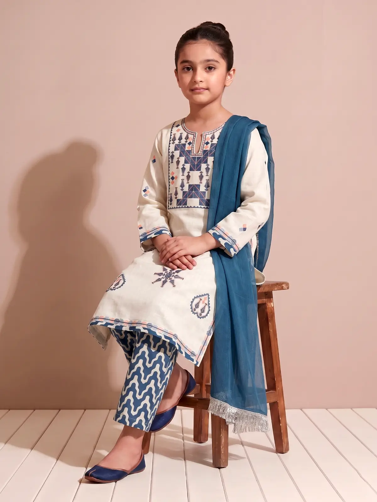 Girls Maria B Style Off-White and Blue Geometric Embroidered Salwar Kameez Suit