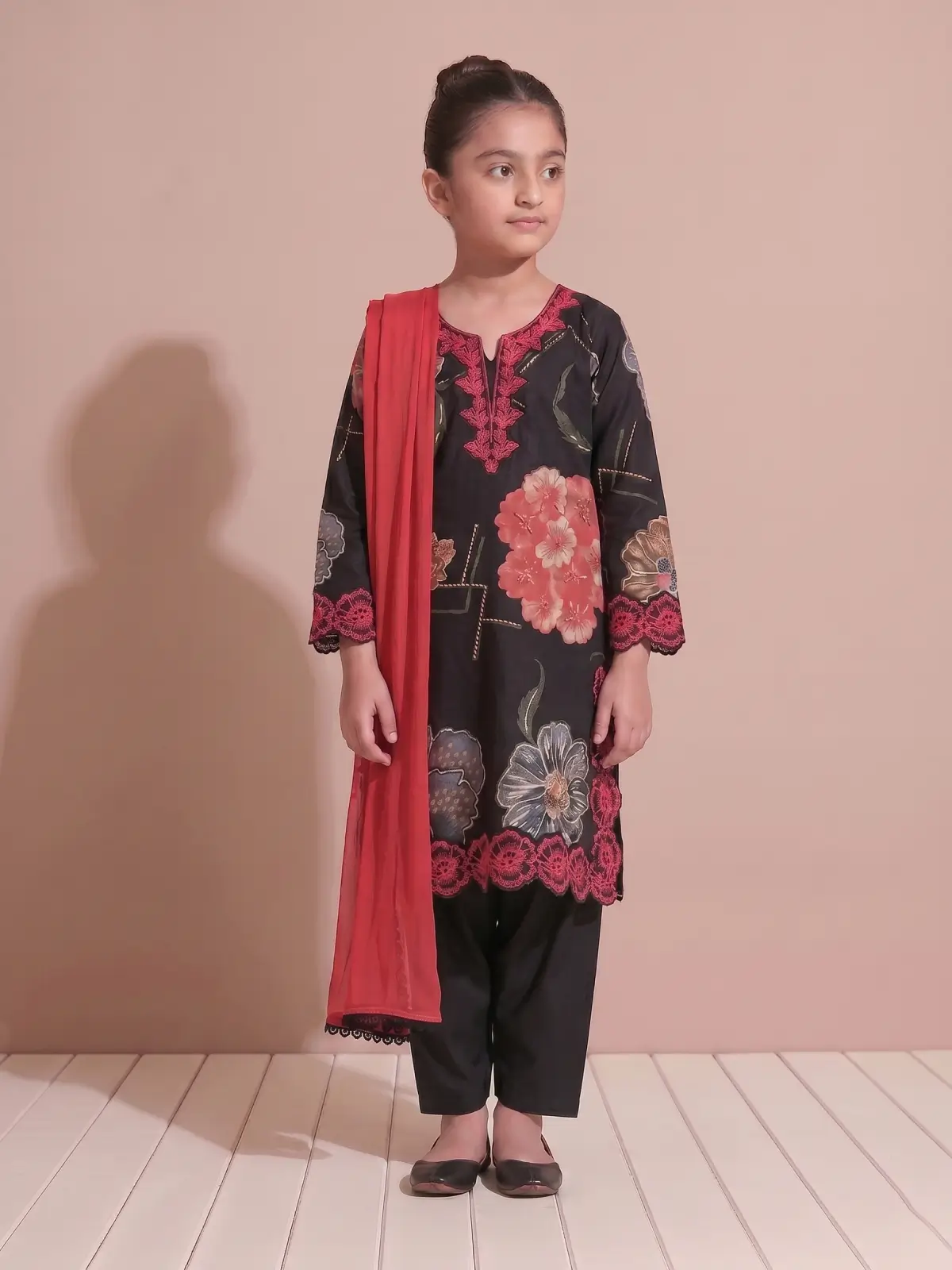 Kids Black Embroidered Linen Pakistani Style Kurta Set