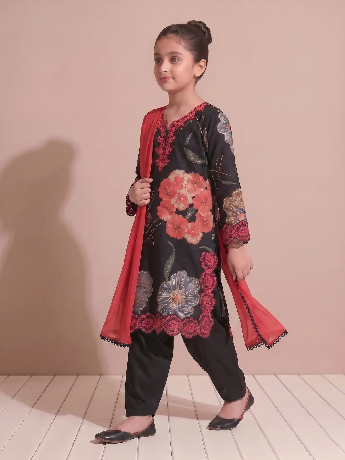 Kids Black Embroidered Linen Pakistani Style Kurta Set