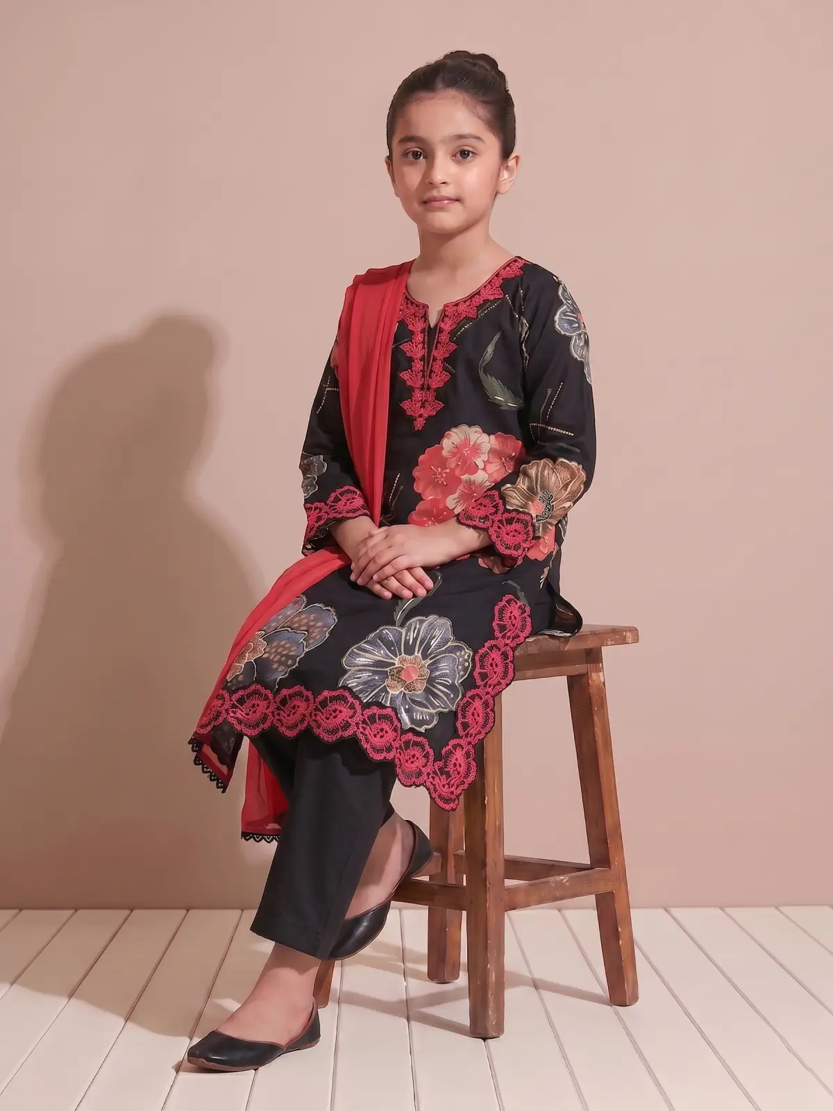 Kids Black Embroidered Linen Pakistani Style Kurta Set