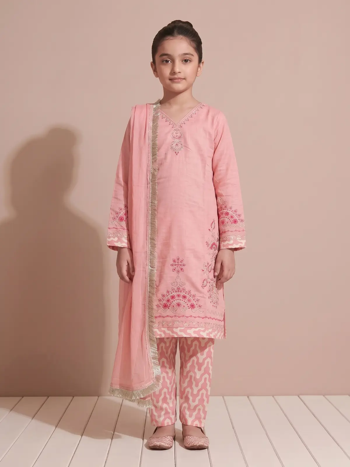 Embroidered Pakistani Style Pastel Pink Straight Linen Kurta