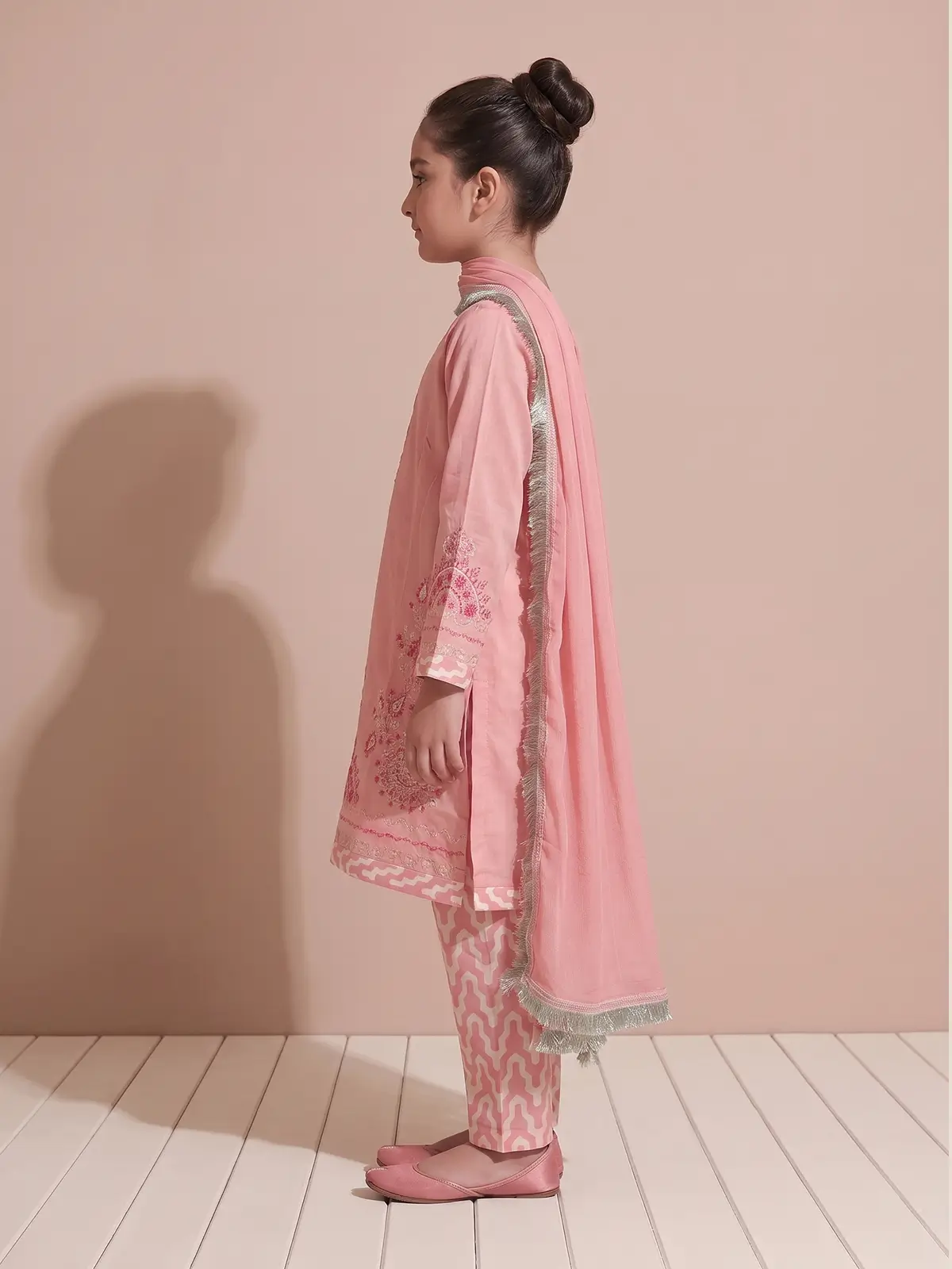 Embroidered Pakistani Style Pastel Pink Straight Linen Kurta
