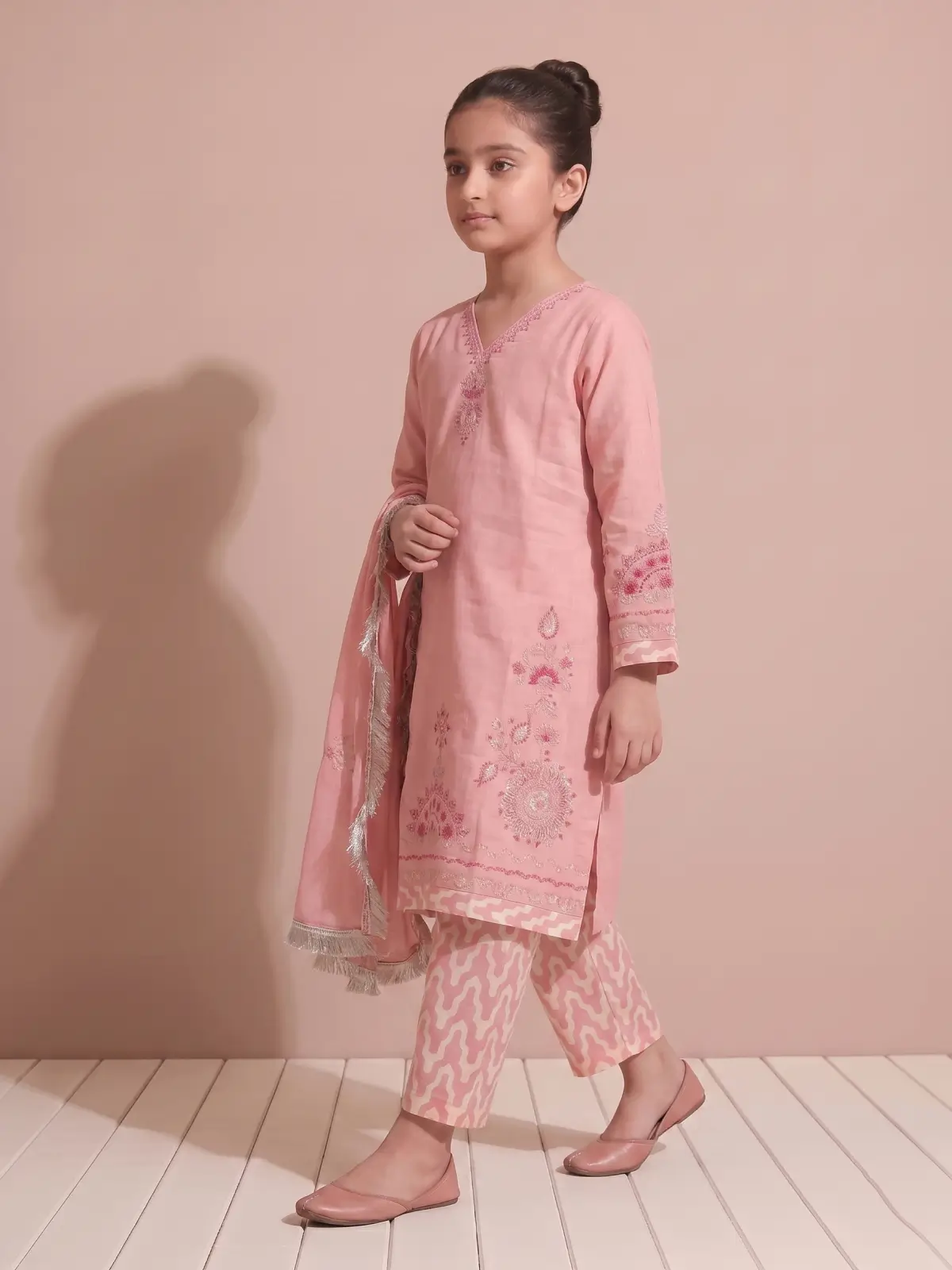 Embroidered Pakistani Style Pastel Pink Straight Linen Kurta